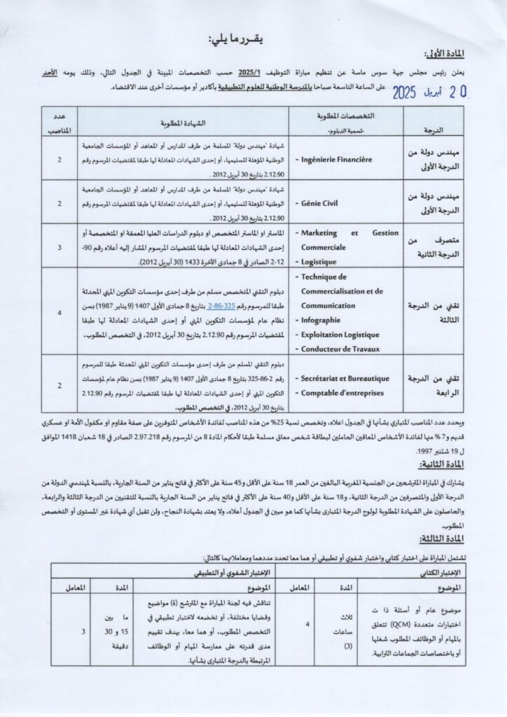 وزارة الداخلية جهة سوس ماسة مباراة توظيف emploi recrutement